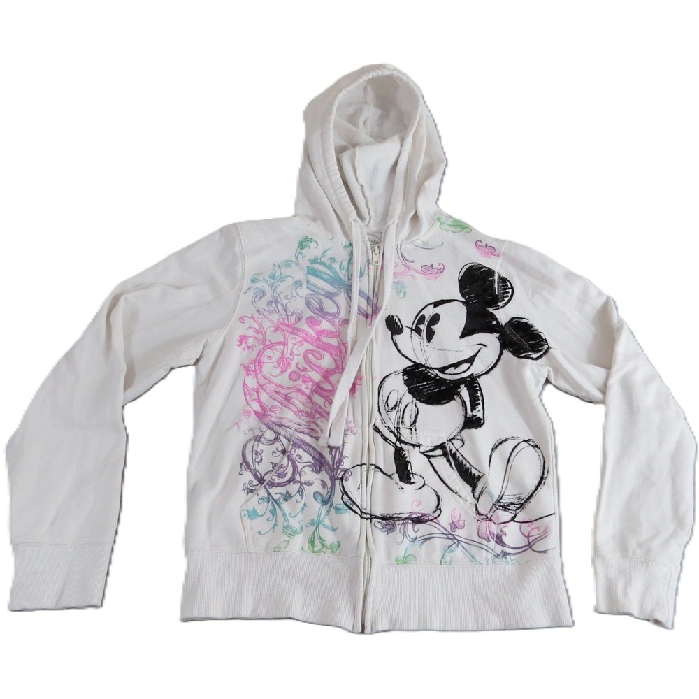 VTG Disney Mickey Mouse Hoodie Women XL White Full Zip Sketch Graphic Fleece